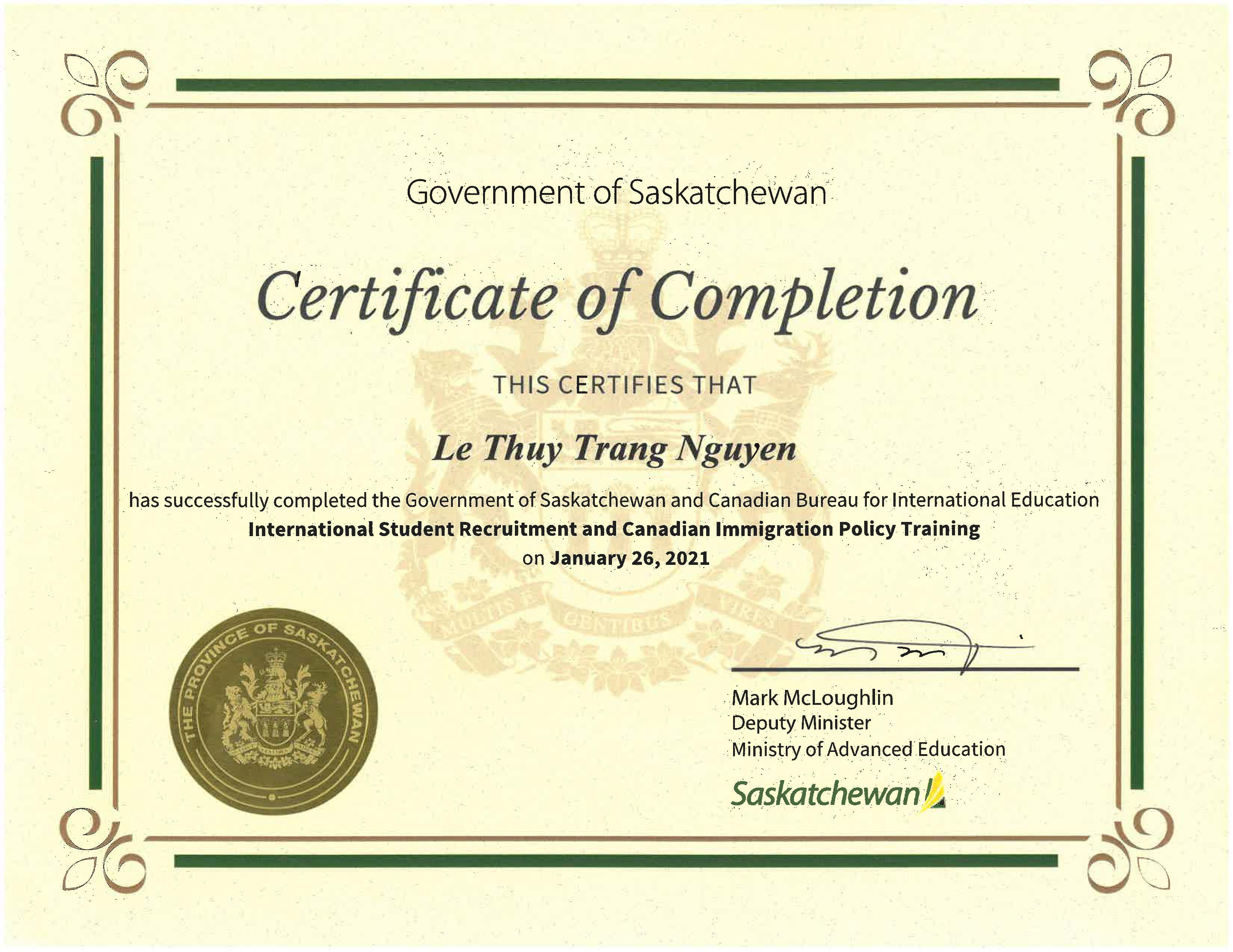 Certificate from Government of Saskatchewan, Ministry of Advanced Education