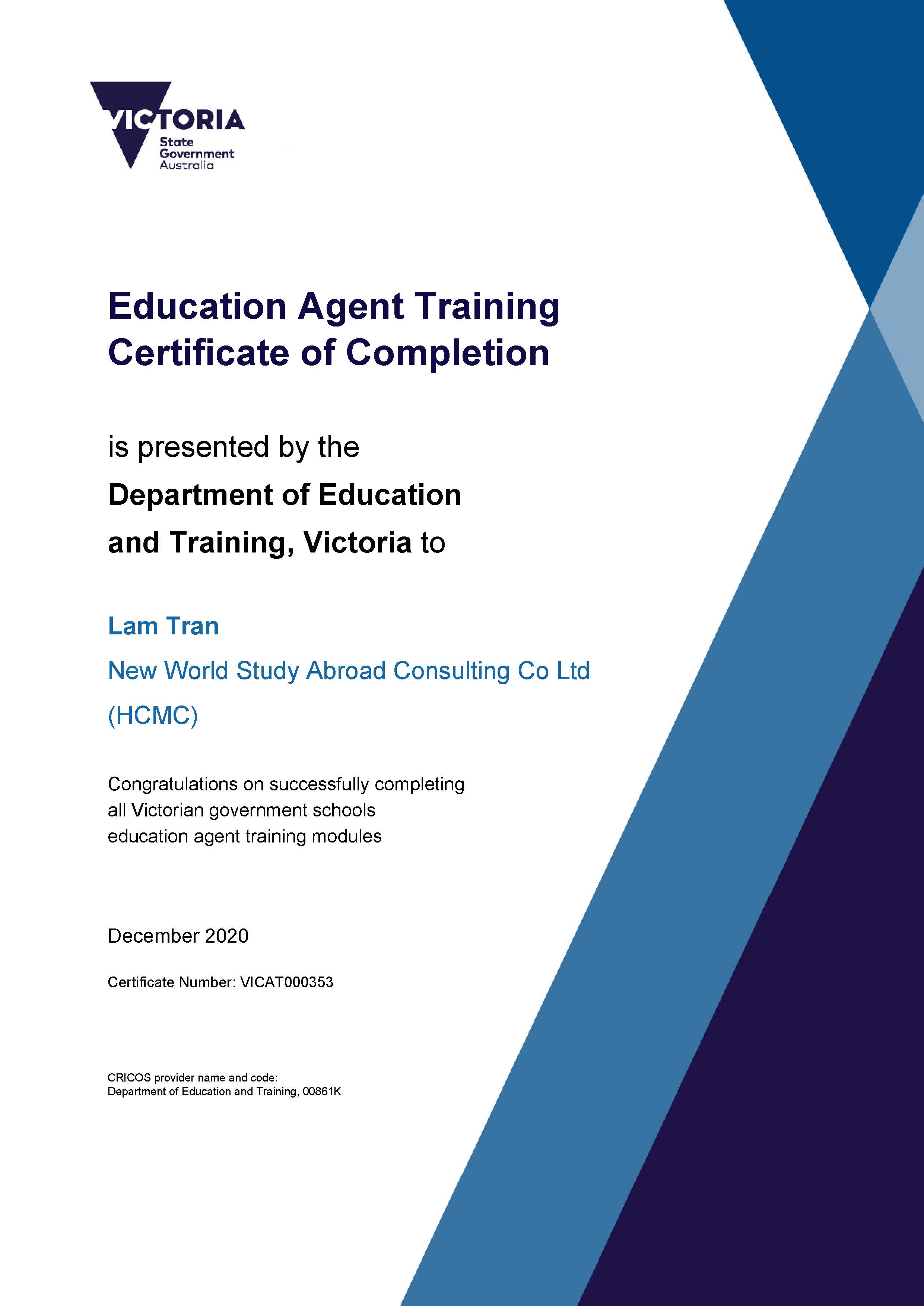Certificate from Department of Education and Training, Victoria
