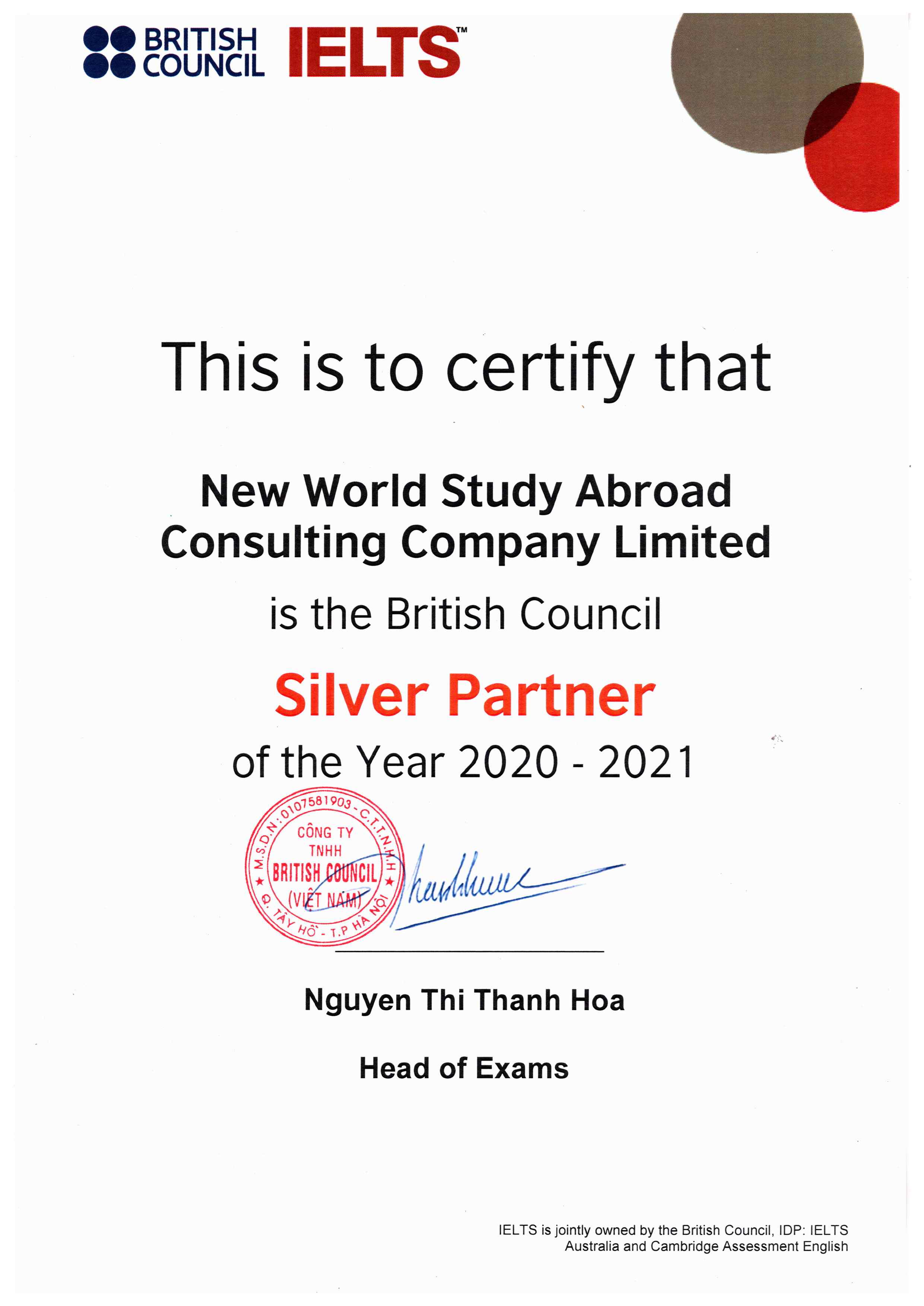 Silver Partner of British Council IELTS - 2020 2021