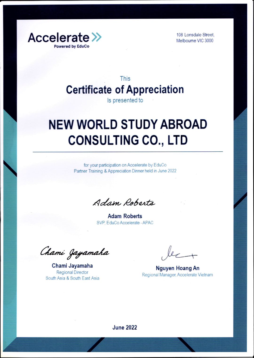 Certificate of Appreciation từ Educo Accelerate