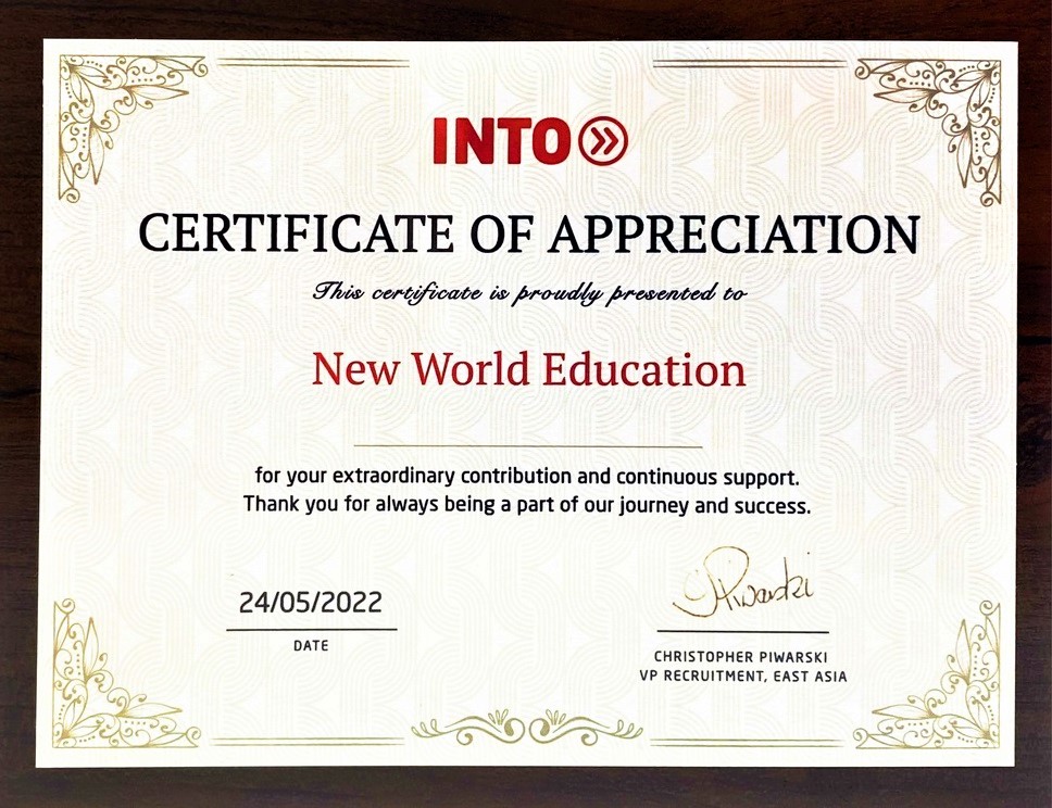 Certificate of Appreciation từ Tập đoàn INTO
