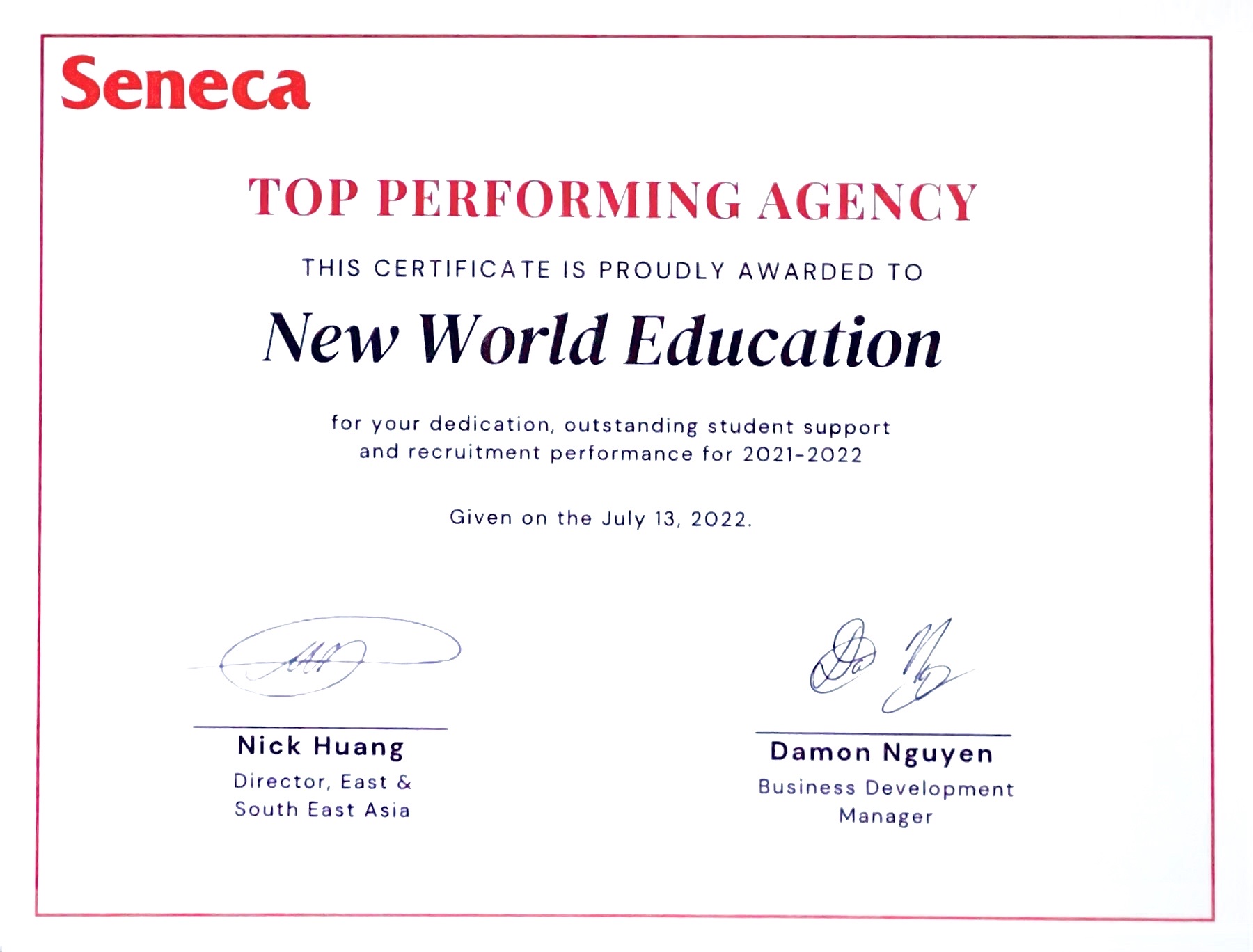 Top Performing Agency của Seneca College, Canada 2021-2022