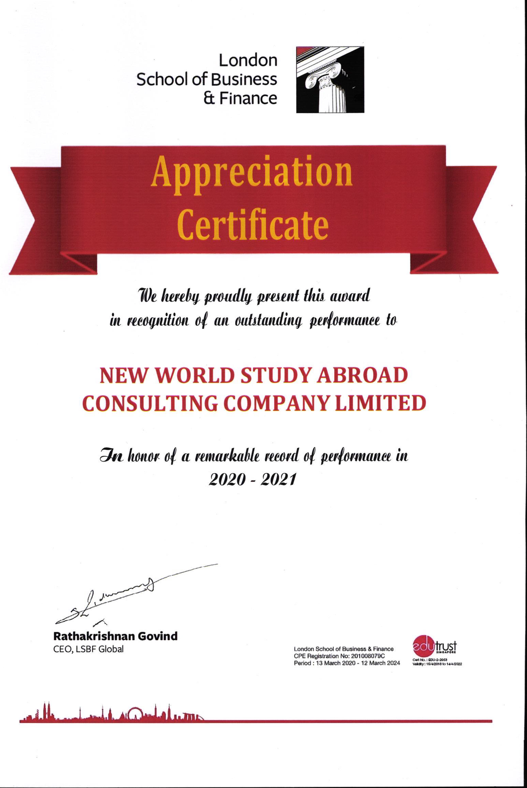 Appreciation Certificate từ London School of Business and Finance LSBF, Singapore