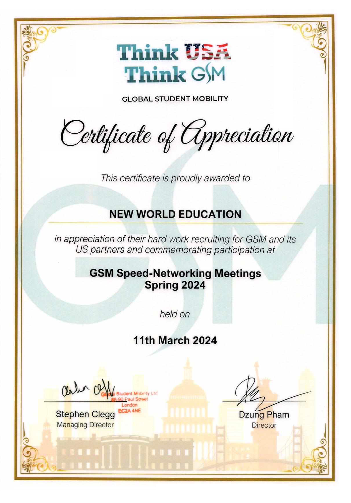 Certificate of Appreciation từ GSM, Mỹ