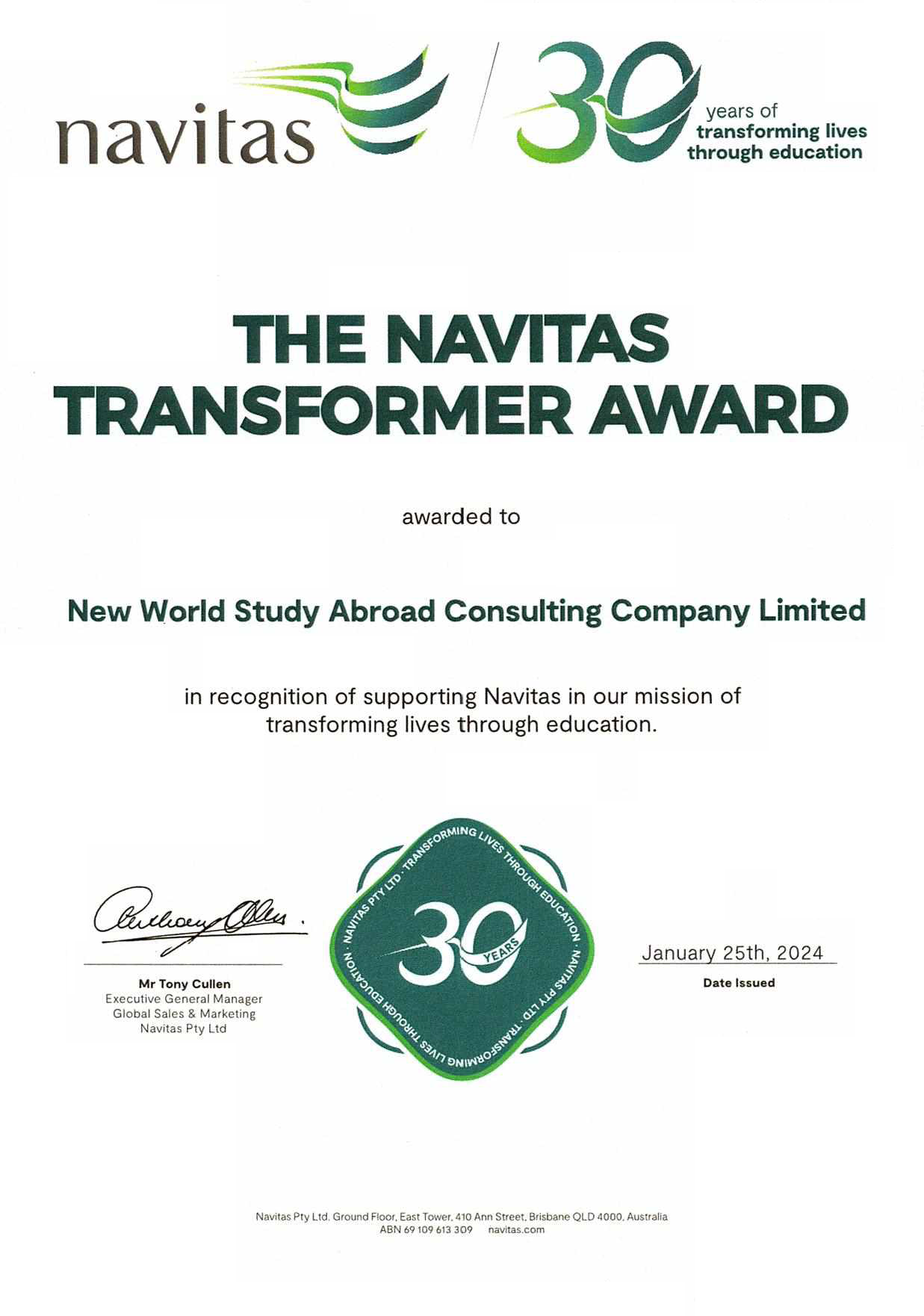 Transformer Award từ tập đoàn giáo dục Navitas