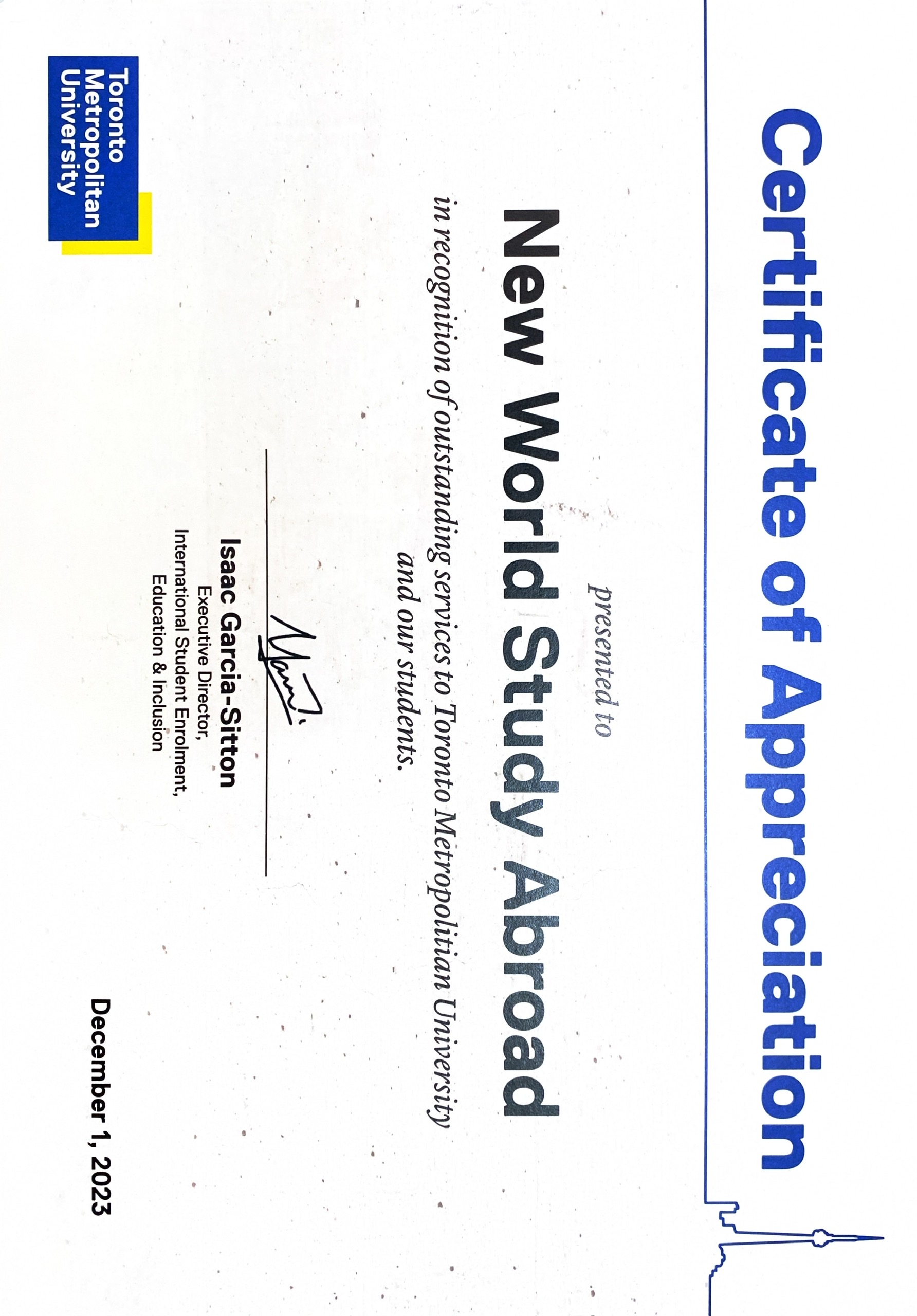 Certificate of Appreciation từ Toronto Metropolitan University TMU (trước đây là Ryerson University), Canada