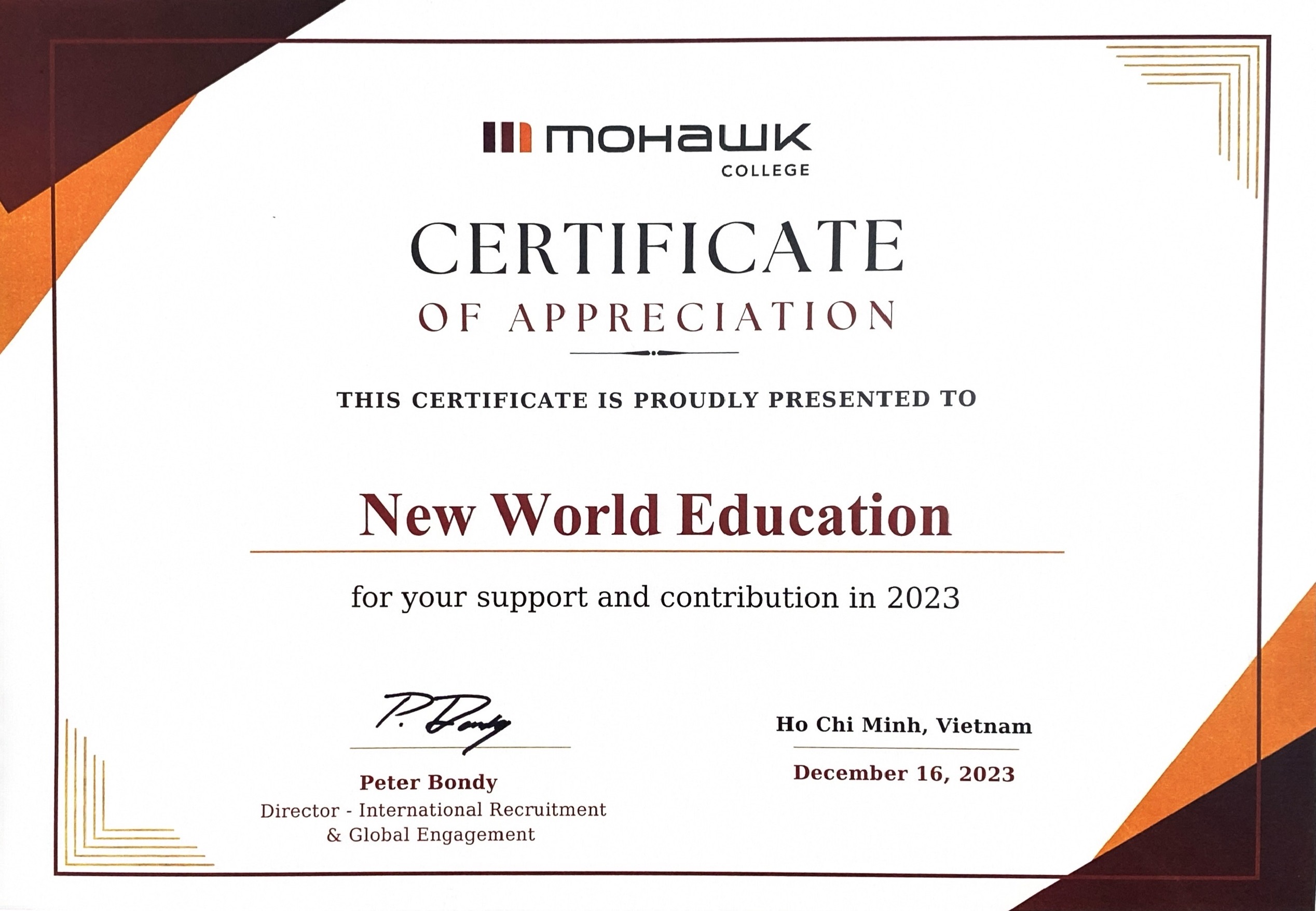 Certificate of Appreciation từ Mohawk College, Canada