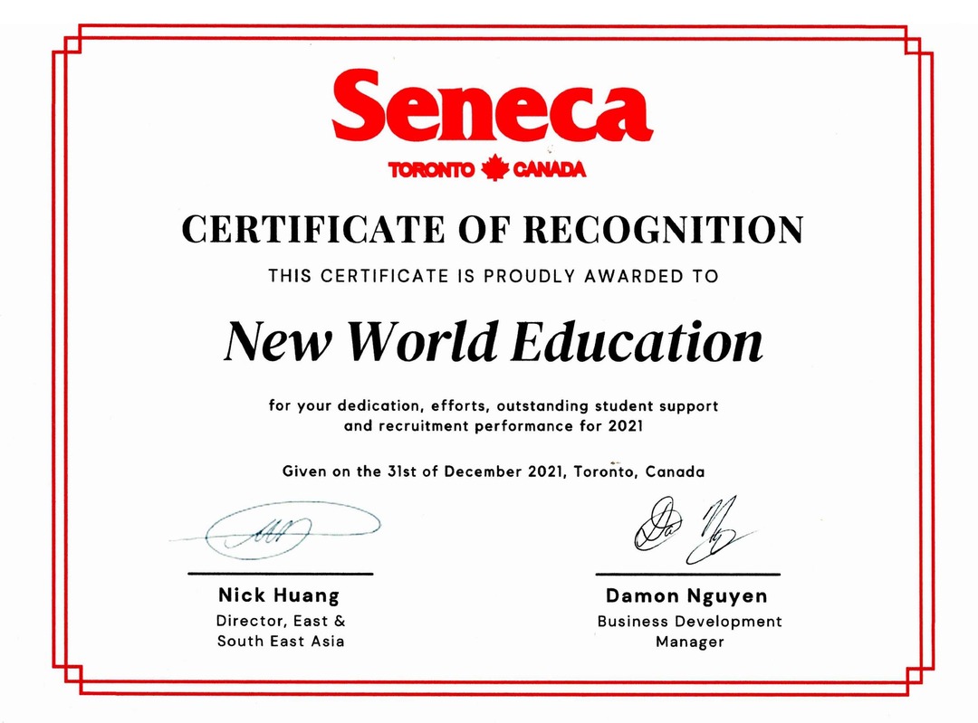Certificate of Recognition 2021 từ Seneca College, Canada