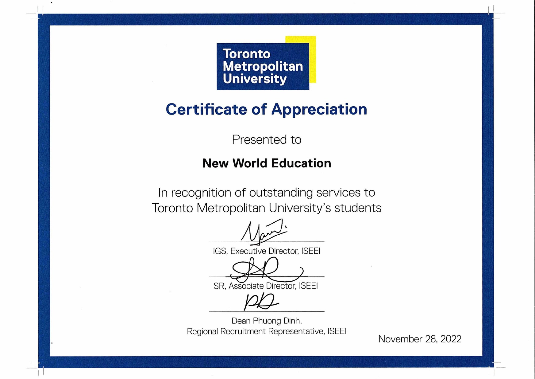 Certificate of Appreciation - Toronto Metropolitan University, Canada
