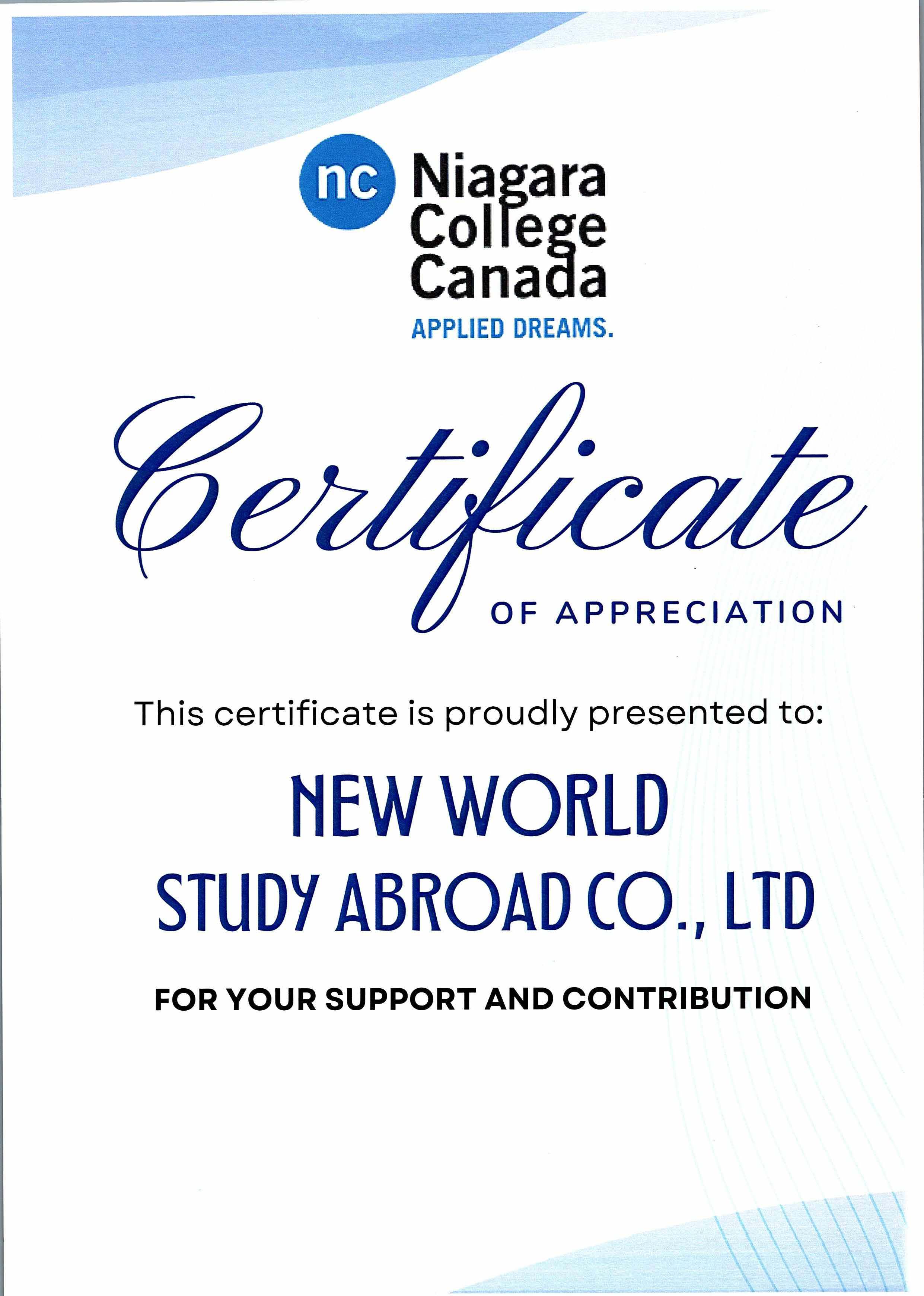 Certificate of Appreciation từ Niagara College, Canada 2022