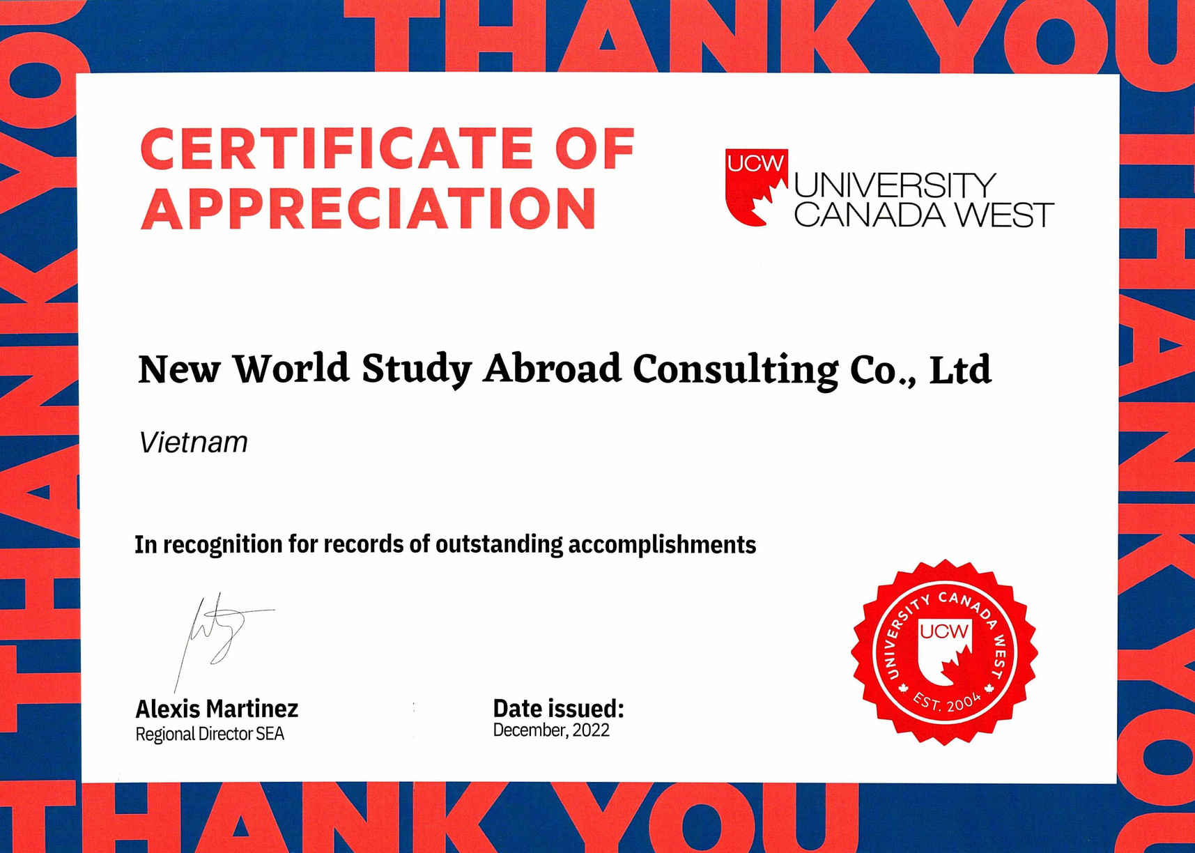 Certificate of Appreciation - University of Canada West, Canada