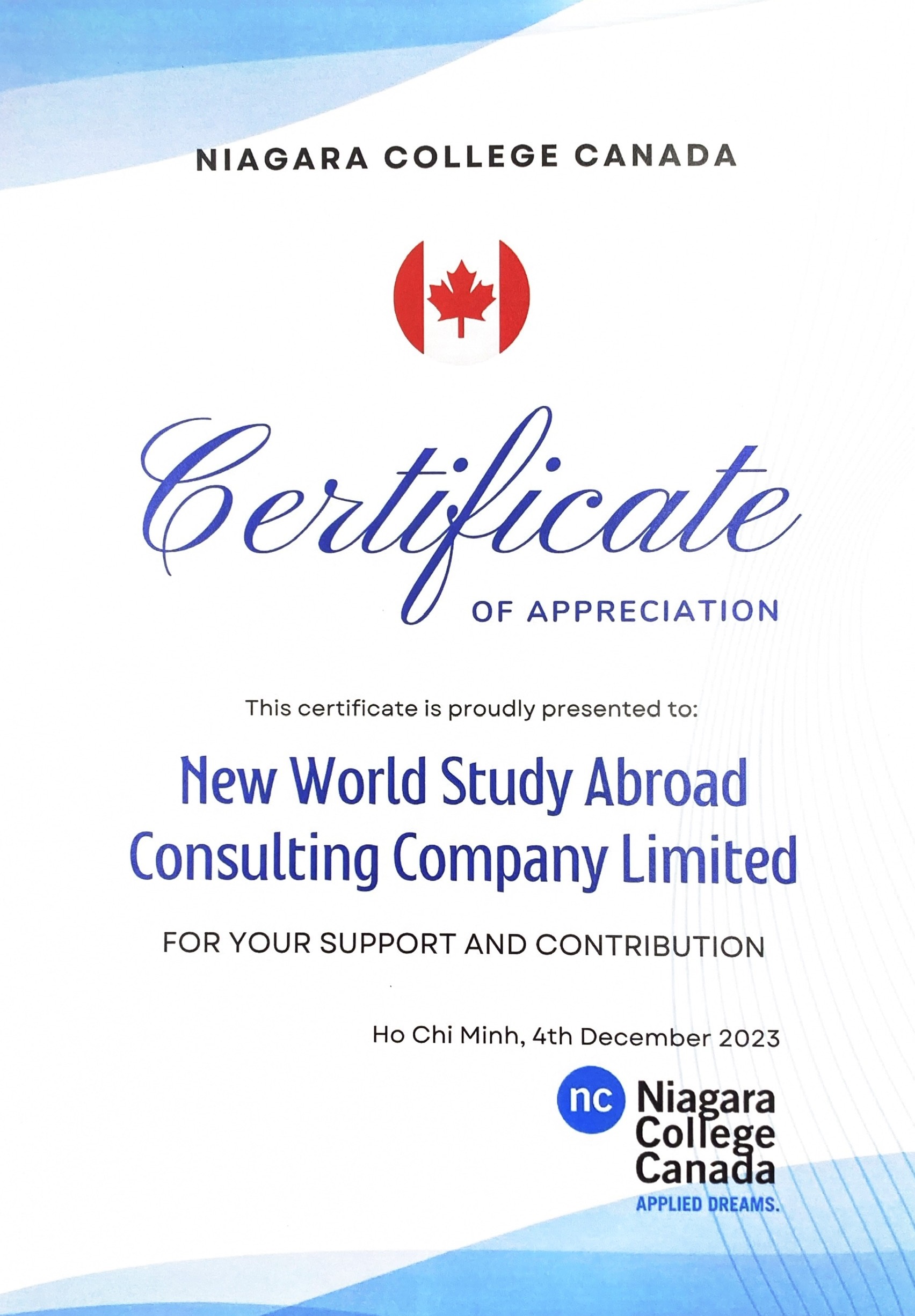 Certificate of Appreciation từ Niagara College, Canada