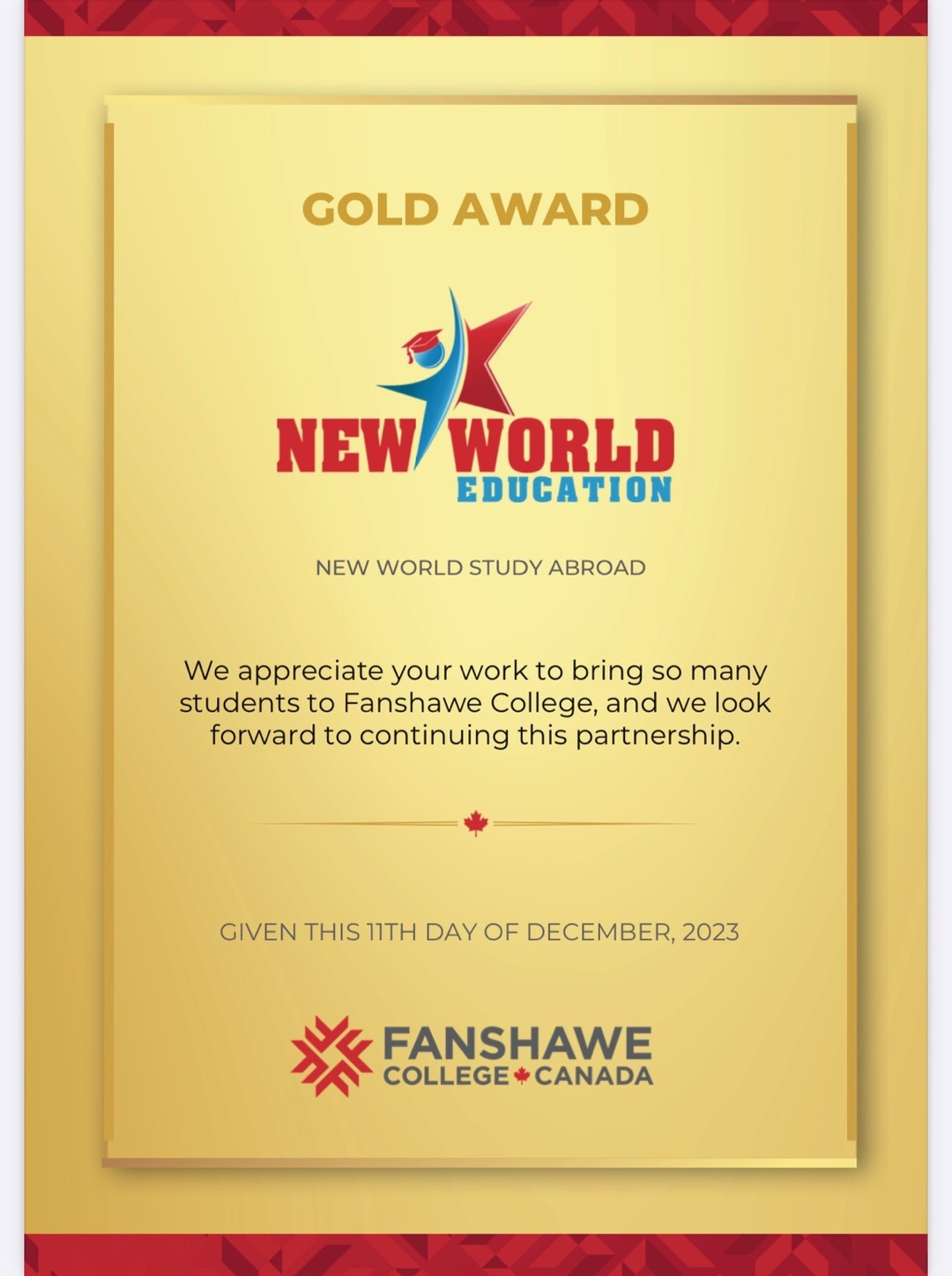 Gold Award 2023 from Fanshawe College, Canada