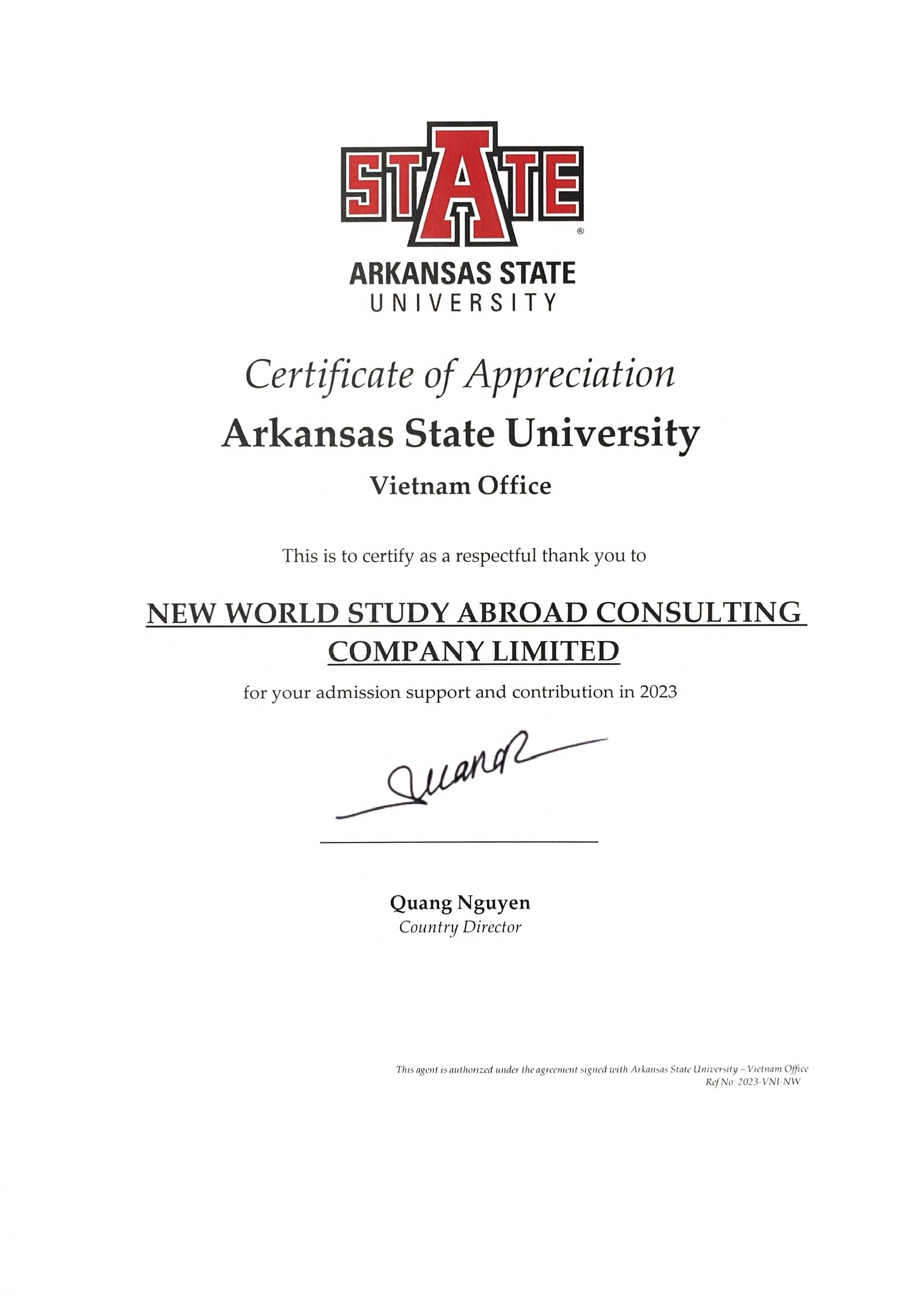 Certificate of Appreciation từ Arkansas State University, Mỹ