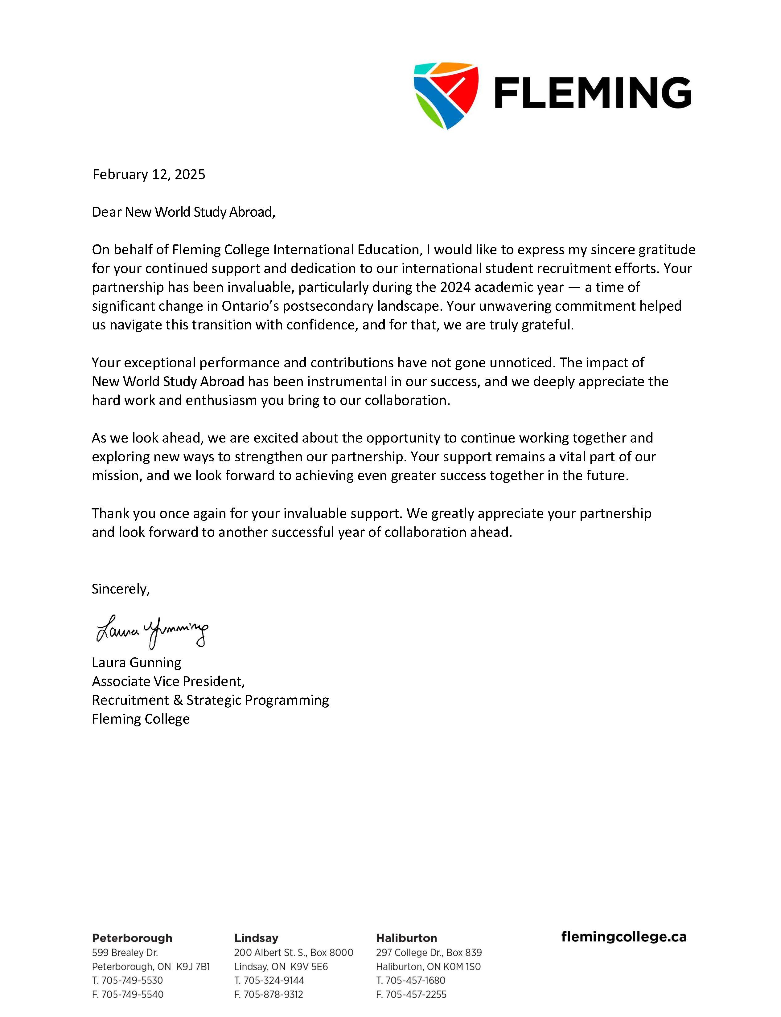 Appreciation Letter 2024 from Fleming College