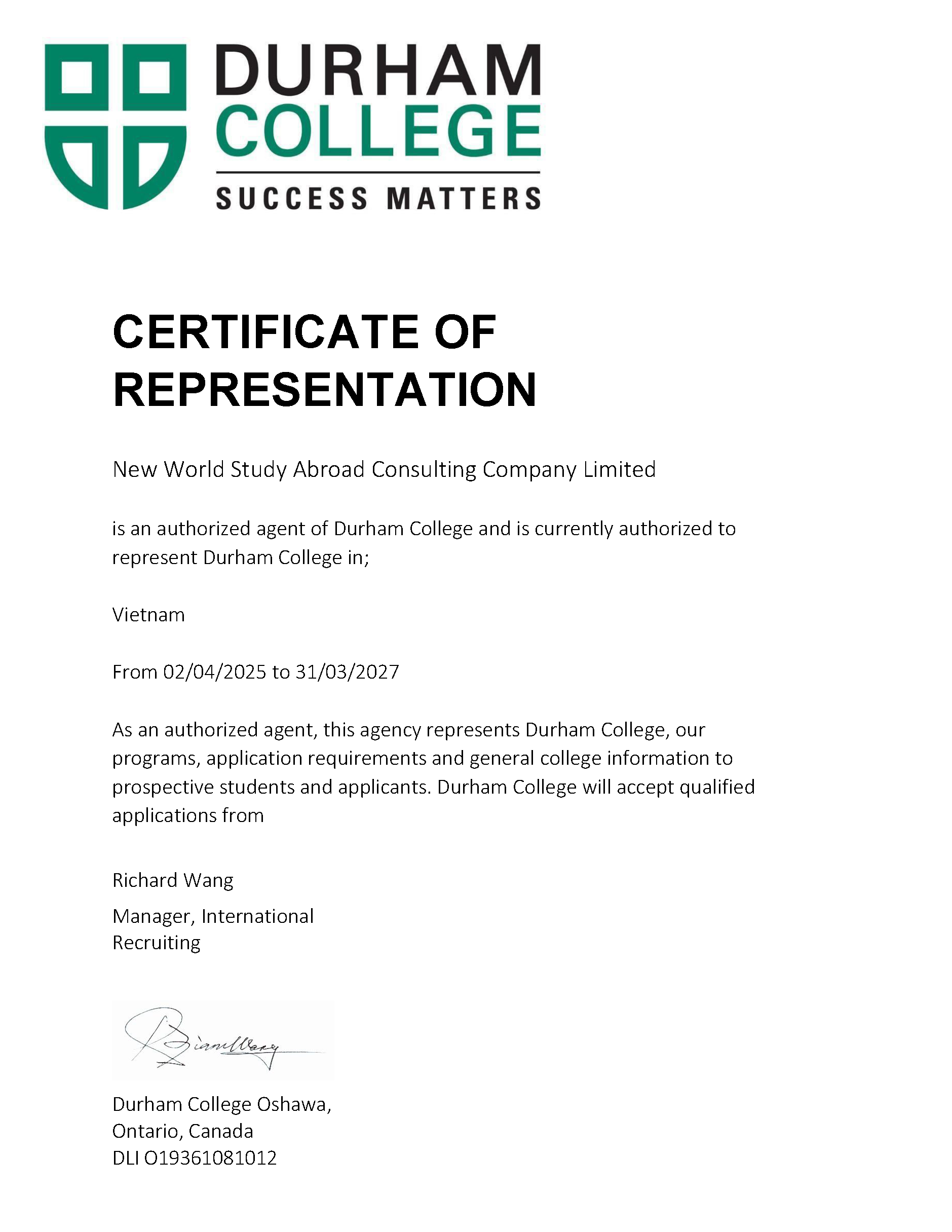 Durham College, Ontario, Canada - Certificate 2025