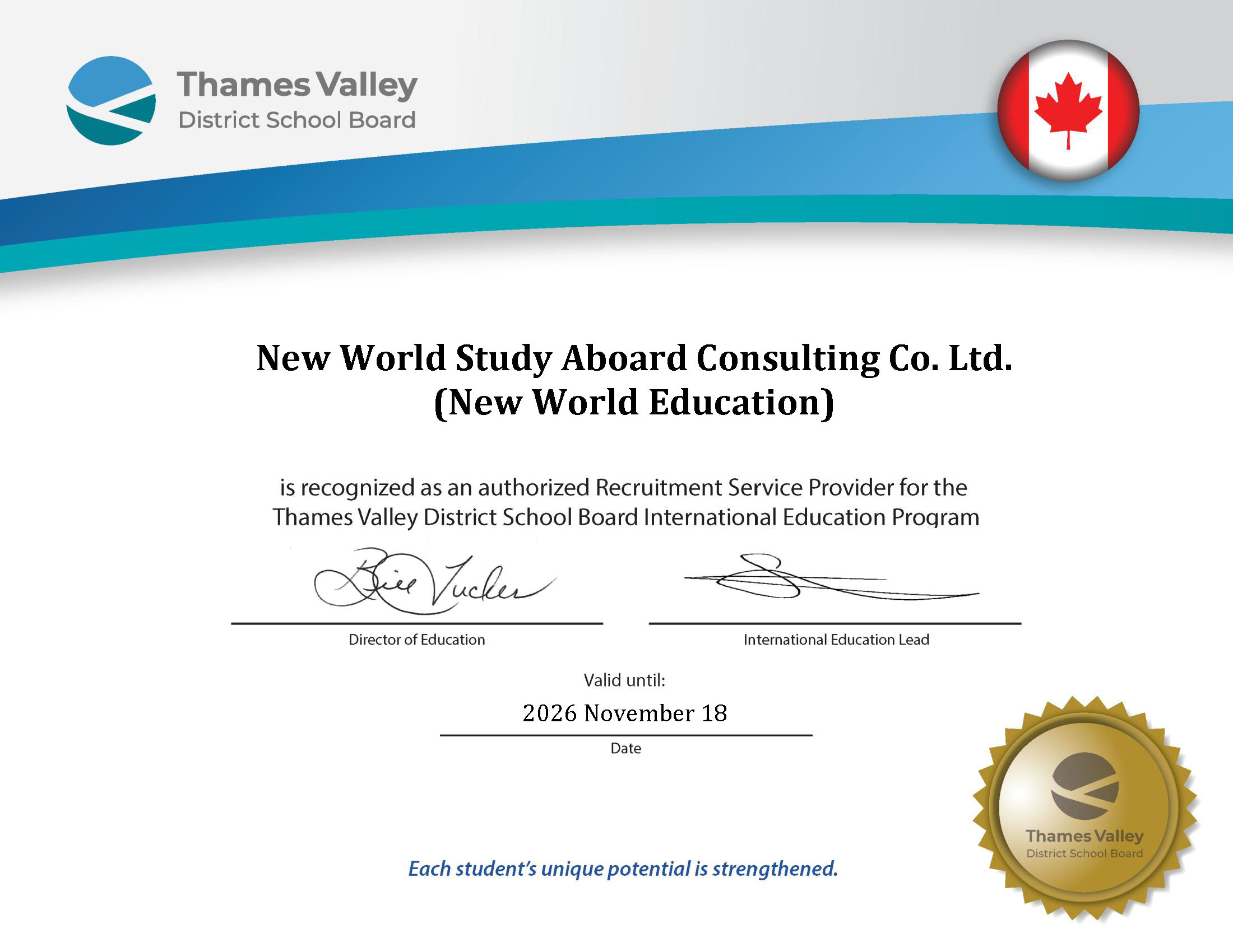 Thames Valley District School Board, Ontario, Canada - Certificate 2024-2026