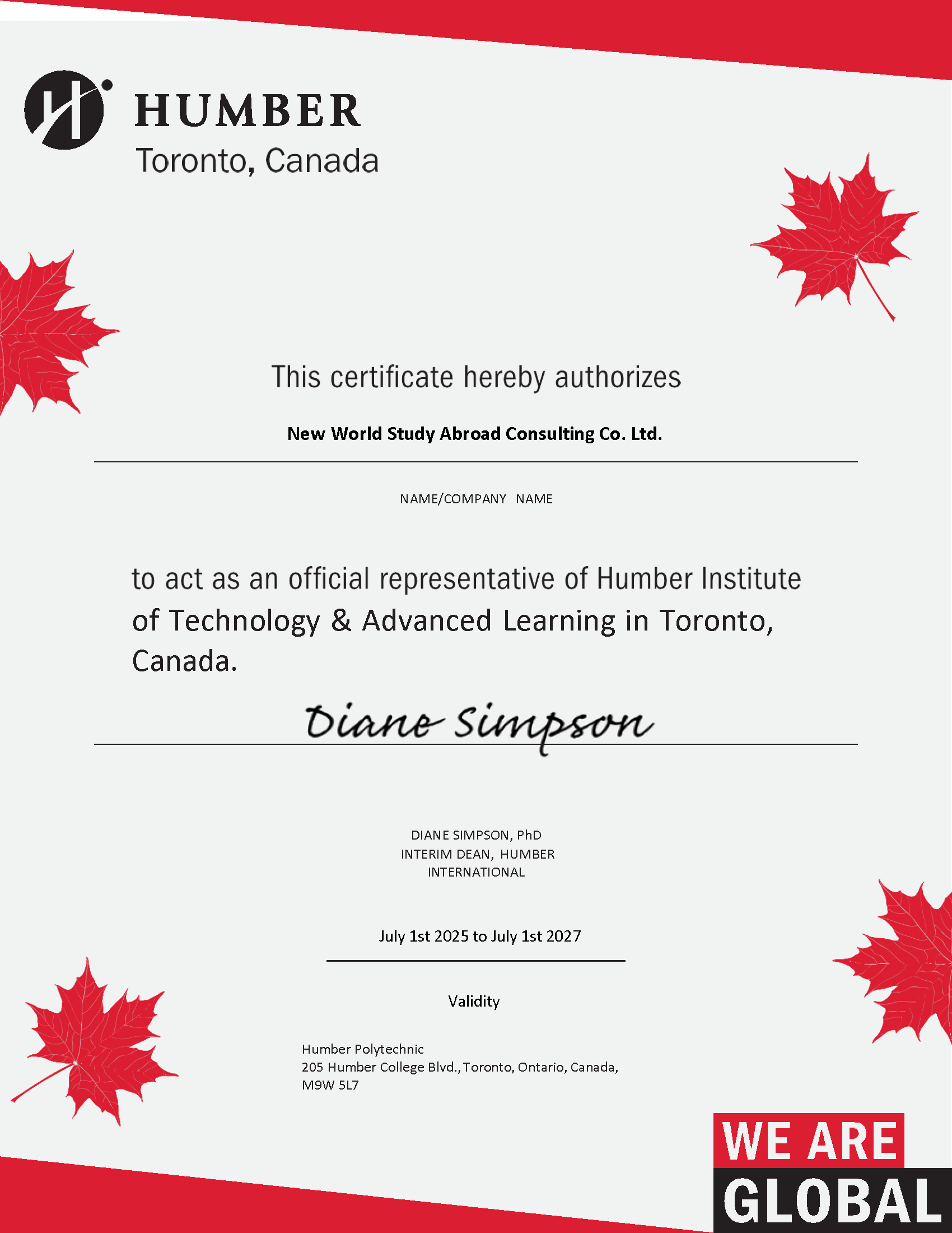 Humber Polytechnic - Toronto, Ontario, Canada - Certificate 2025