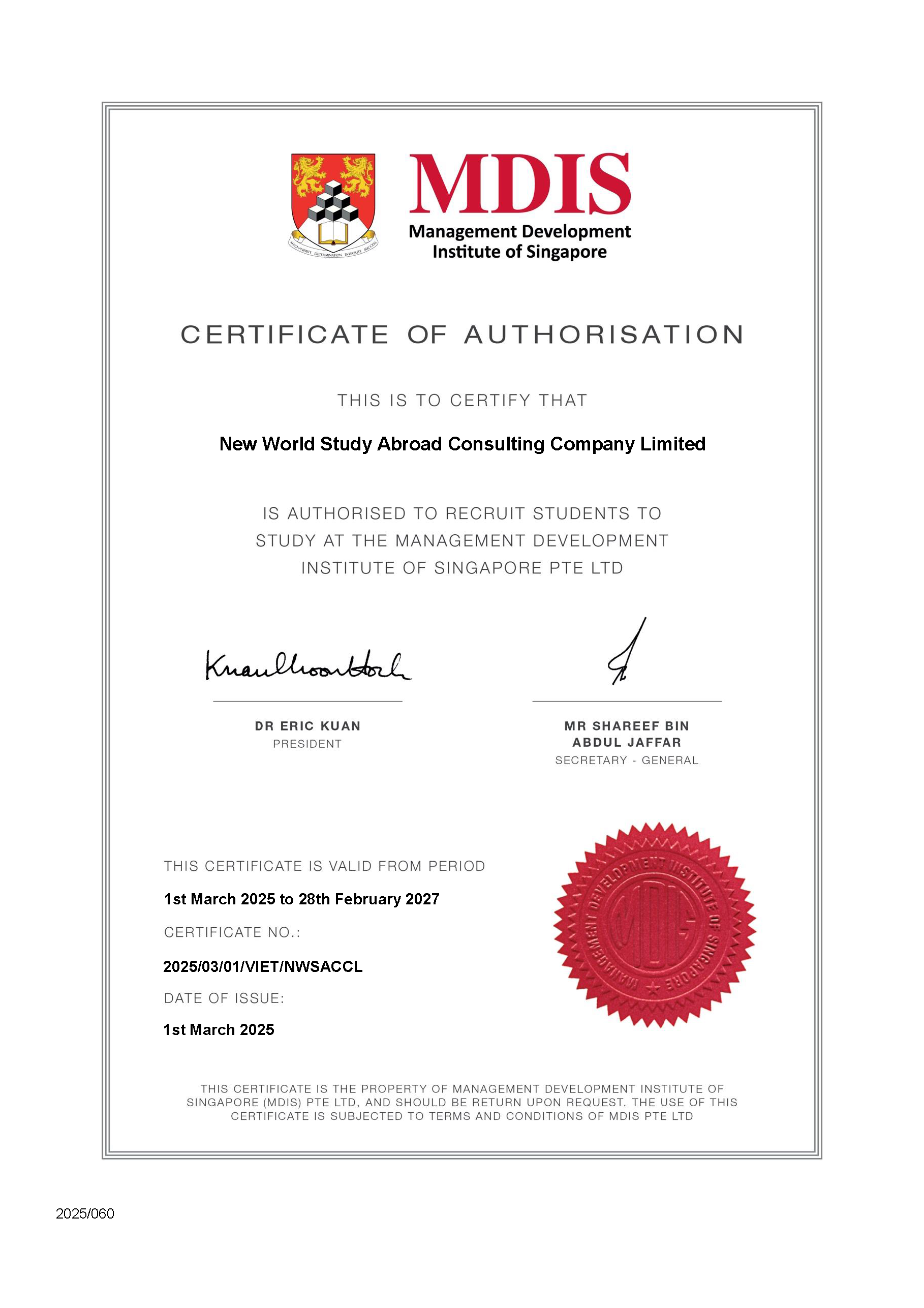 Management Development Institute of Singapore (MDIS) Certificate 2025