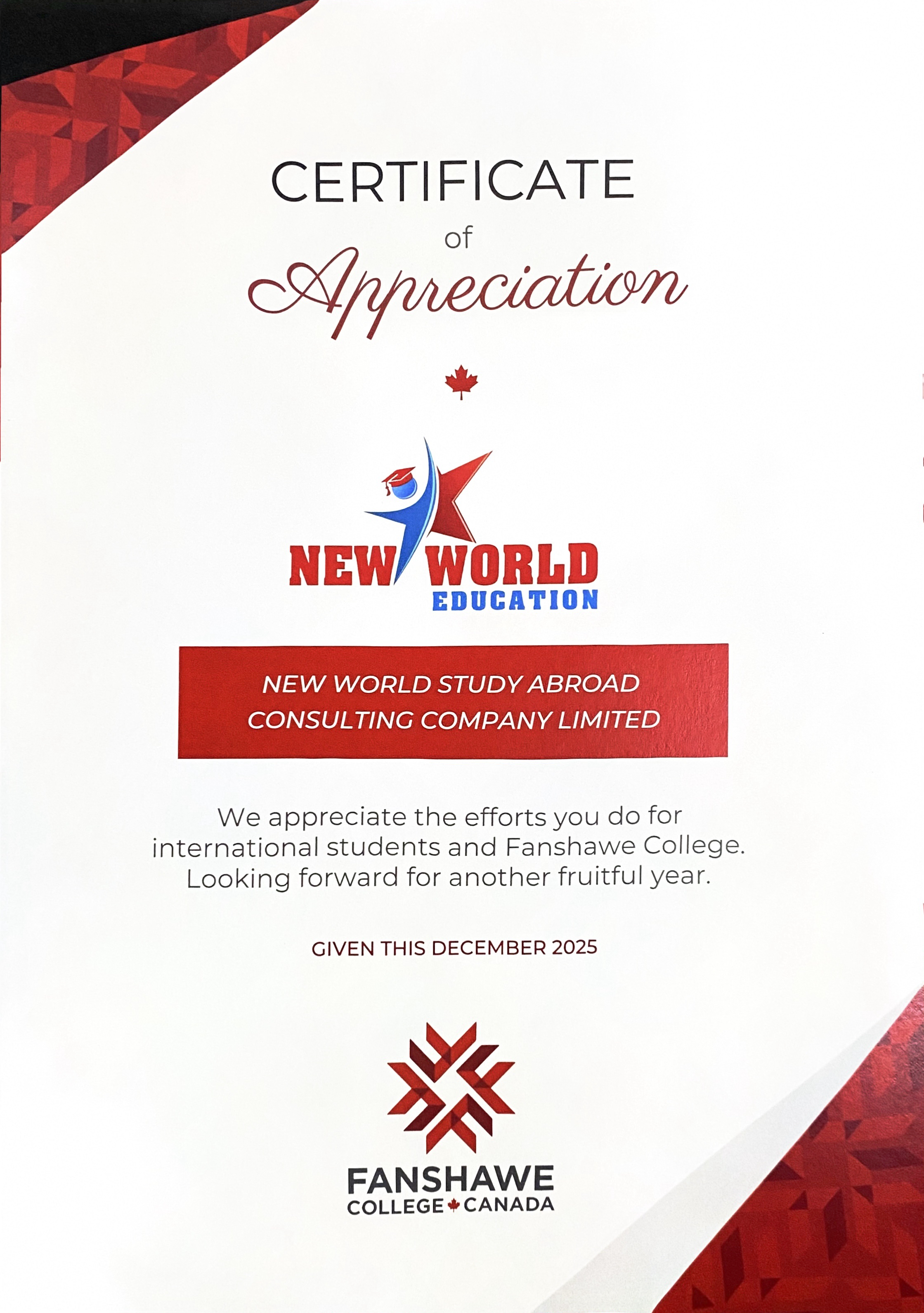 Fanshawe College - Certificate of Appreciation 2025