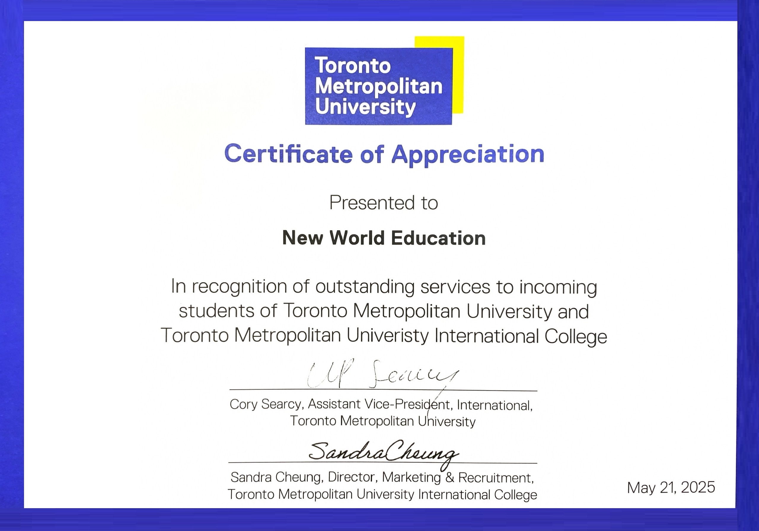 Certificate of Appreciation 2025 - Toronto Metropolitan University (TMU) & TMUIC, Canada