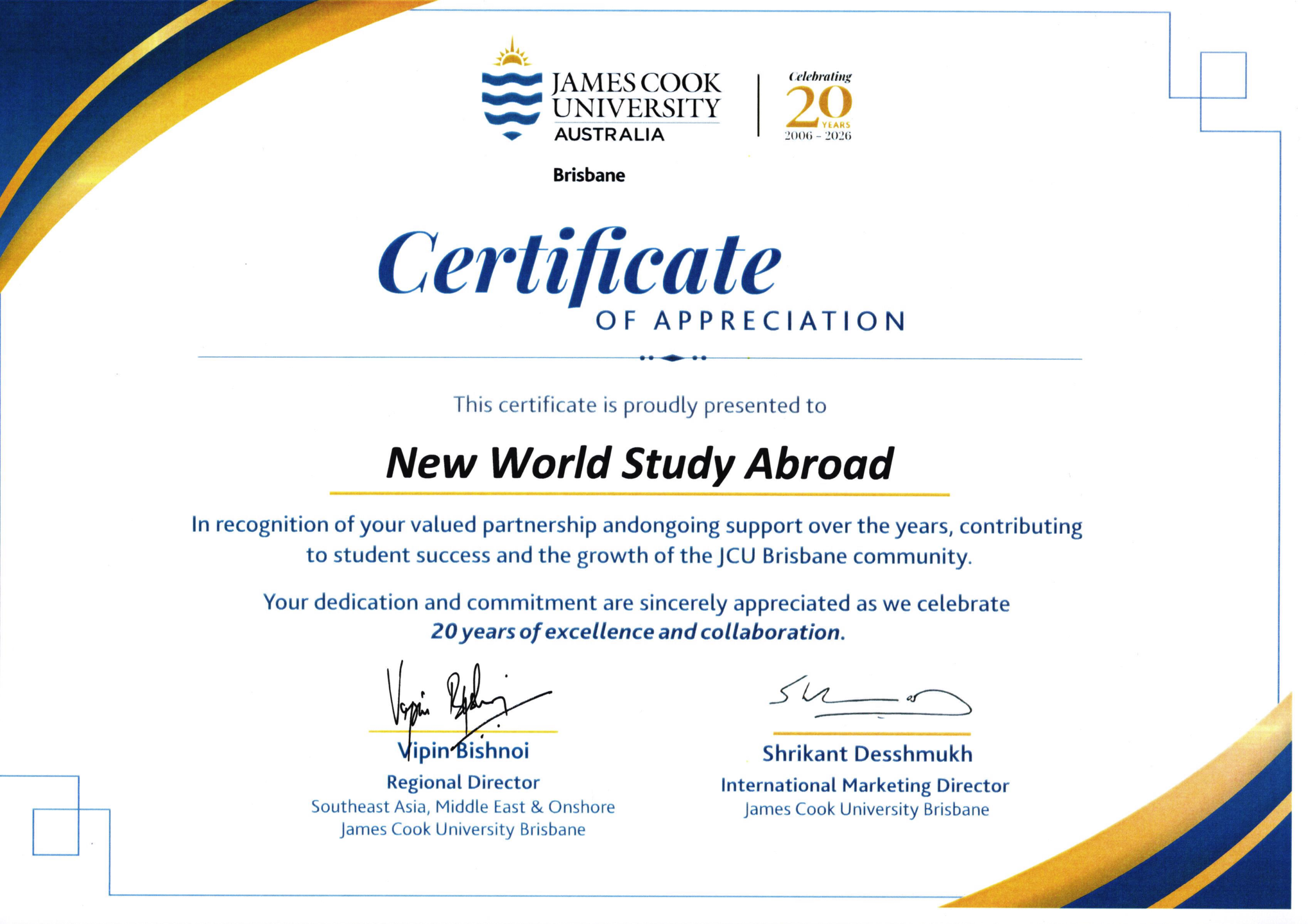Certificate of Appreciation 2026 - James Cook University Brisbane, Úc